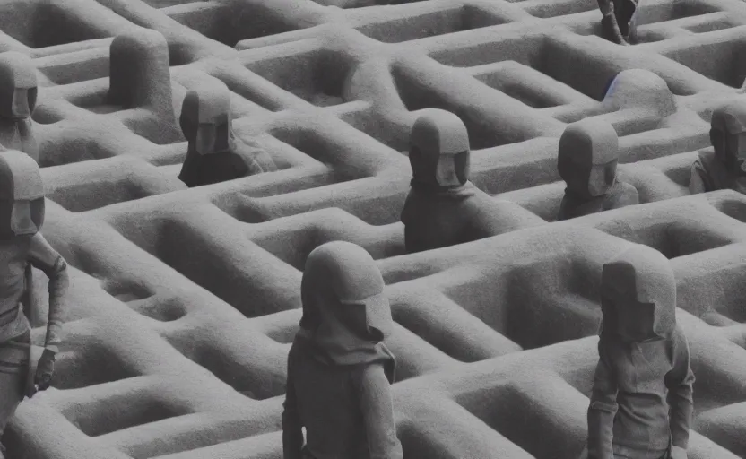 Image similar to cinestill 5 0 d photographic portrait by helen levitt of a group of android women wearing rugged black mesh techwear in a cement maze, extreme closeup, modern cyberpunk, minimalism, dust storm, 8 k, hd, high resolution, 3 5 mm, f / 3 2, ultra realistic faces, intricate detail, ex machina