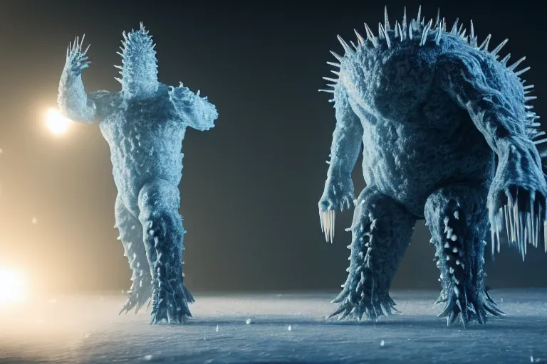 Image similar to huge bulky ice creature made out of a humanoid nervous system with large meaty spikes all over the body, cinematic, volumetric lighting, f 8 aperture, cinematic eastman 5 3 8 4 film, photorealistic