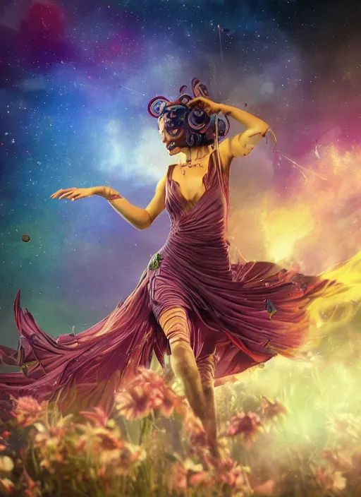 Prompt: An epic fantastic realism comic book style painting of the most beautiful twirling flowers launched across the dark and starry sky, bouquets, fisheye lens, unreal 5, DAZ, hyperrealistic, octane render, dynamic lighting