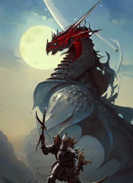 Image similar to highly detailed portrait of a paladin knight with shield fighting a red dragon, fantasy art by by simon bisley, loish, rhads, ferdinand knab, makoto shinkai and lois van baarle, ilya kuvshinov, rossdraws, tom bagshaw, global illumination, radiant light, detailed and intricate environment