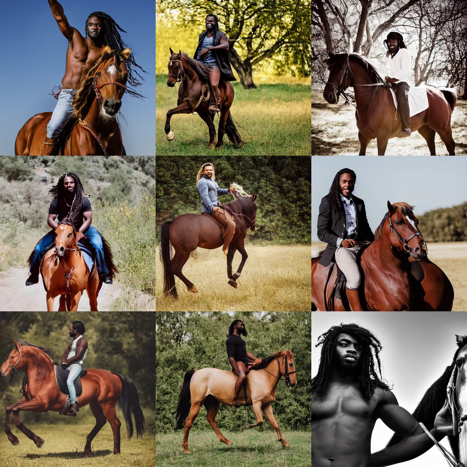 Prompt: handsome black man with long blond hair riding on a horse without a shirt, professional photography canon