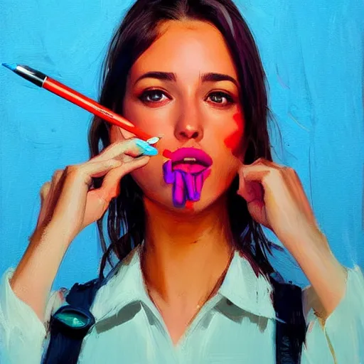 Image similar to poster of a girl holding a pen in her mouth staring directing at camera, confident pose, bright colors, strong brush stroke, very high detailed, symmetrical face, sharp focus, illustration, trending on artstation, art by magali villeneuve, artgerm, jeremy lipkin and michael garmash, h 7 0 4