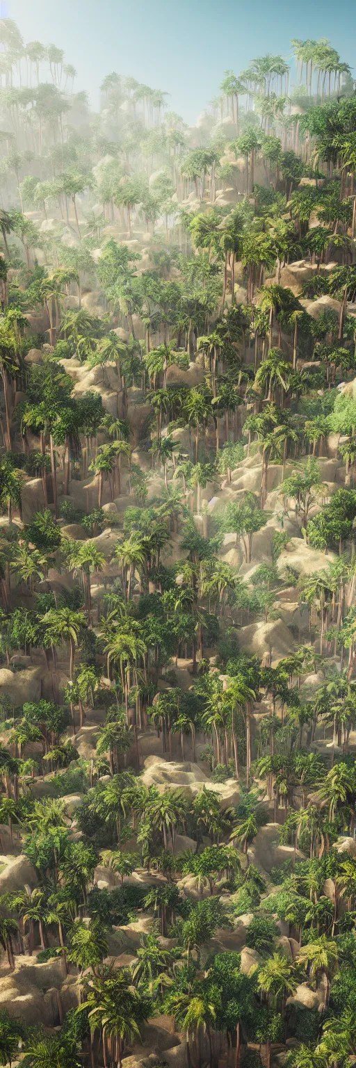 Prompt: photo of vertical golden village, arid mountains and lush palm forest, photo realism, sharp focus, octane