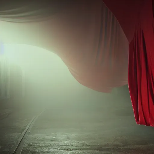 Image similar to a figure covered by red cloth that's blowing in the wind standing in a creepy tunnel with atmospheric light, digital art, concept art, cloth simulation with houdini, octane, redshift, 8 k