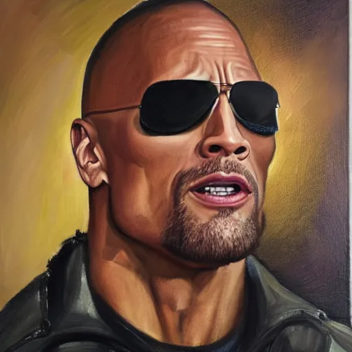 Image similar to dwayne johnson as the queen of england, portrait, oil on canvas