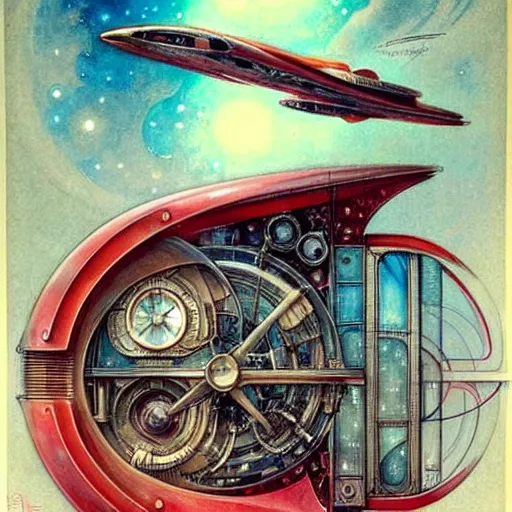 Image similar to ( ( ( ( ( 1 9 5 0 s retro future intricate machine spaceship large window. muted colors. art nouveau ) ) ) ) ) by jean baptiste monge!!!!!!!!!!!!!!!!!!!!!!!!! chrome red