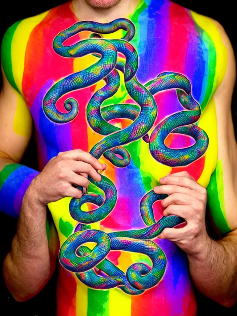 Image similar to a perfect portrait of a man standing, proudly displaying his four dimensional hyperbolic rainbow tattoos that extrude, protude and extend outwards and around his body like grasping prehensile tendrils tentacles and snakes, perfect studio lighting.