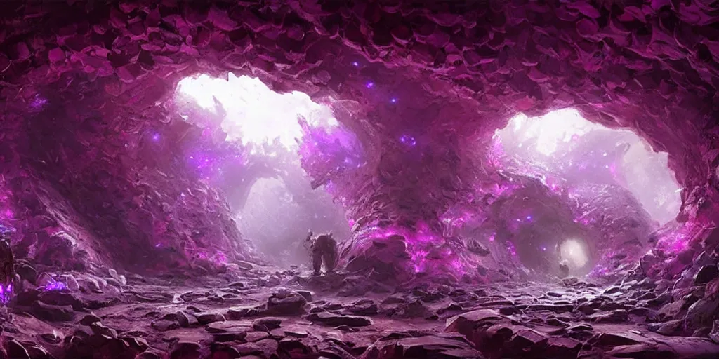 Image similar to beautiful hyper realistic zergling tunnel in cave of purple crystals, beautiful painting by greg rutkowski