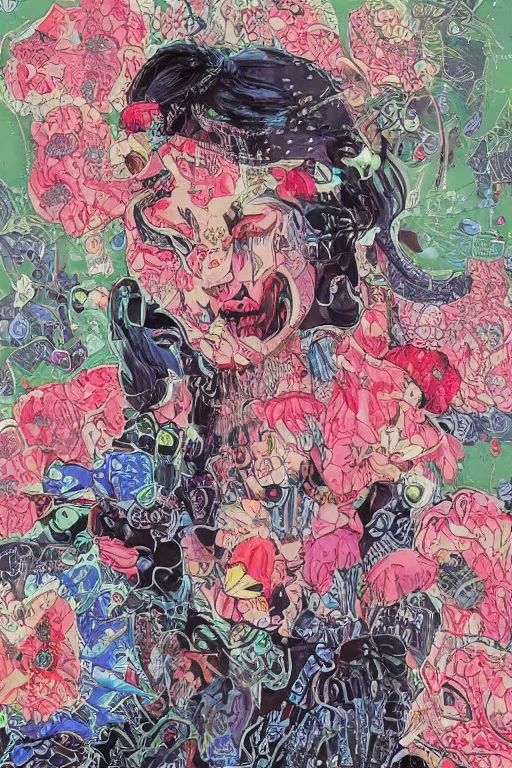 Prompt: cyberpunk girl vintage, style wrapped in flowers and wired in the style of yayoi kusama, hyperrealism with oil painting, by barry lyndon ultra detailed high resolution, 8 0 s print sci fi art