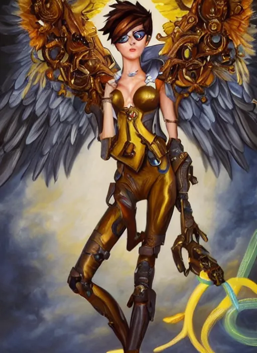 Image similar to full body oil painting of tracer overwatch in the style of julie bell, angel wings, dramatic painting, symmetrical composition, ornate, golden chains, silky garment, high detail, gold detailed collar!!!!!, blooming, angelic, lights, flowers, heavenly, bright, detailed face,