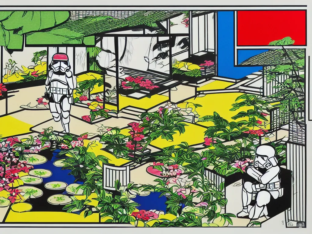 Image similar to detailed composition of the japanese home with a garden and a pond, 2 stormtroopers sitting around it, pop - art style, jacky tsai style, andy warhol style, roy lichtenstein style, rich palette, acrylic on canvas