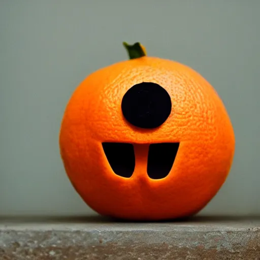 Image similar to an orange with eyes and mouth, making a weird face