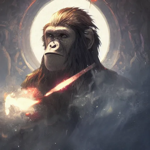 Prompt: Bored ape magician casting bright magic light spell, D&D, fantasy, cinematic lighting, highly detailed, digital painting, artstation, concept art, smooth, sharp focus, illustration, volumetric lighting, 8k, art by Akihiko Yoshida and Greg Rutkowski