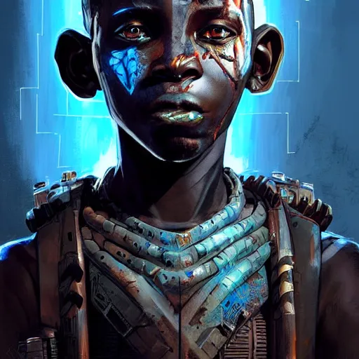 Image similar to a dark and ominous cyborg african child soldier with glowing eyes and facial scarification marks, Apex Legends character digital illustration portrait design, by android jones and greg rutkowski in a cyberpunk voodoo style, synthwave color scheme, detailed, cinematic lighting, wide angle action dynamic portrait