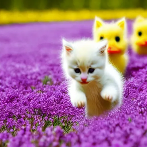 Image similar to photo of cute fluffy baby kittens chasing a cute yellow baby duck in a field of flowers, award - winning photograph, national geographic, perfect lighting