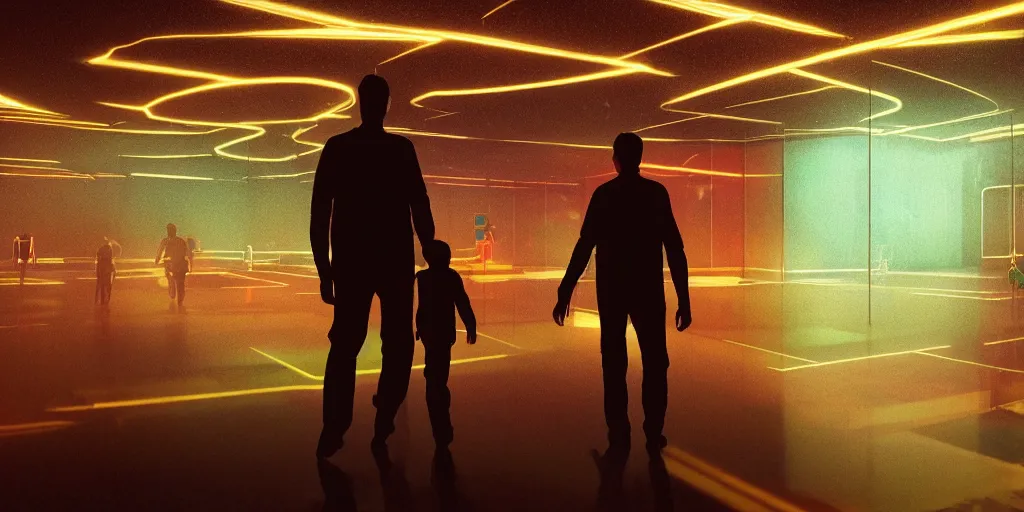 Prompt: a detailed hyper realistic photograph of a father and his son walking in a neon room with Virtual reality headsets experience digital wildlife, artstation, sophisticated, depth of field, Unreal engine, dystopia, anti-utopia, post processing, nostalgic melancholic artwork, intricate