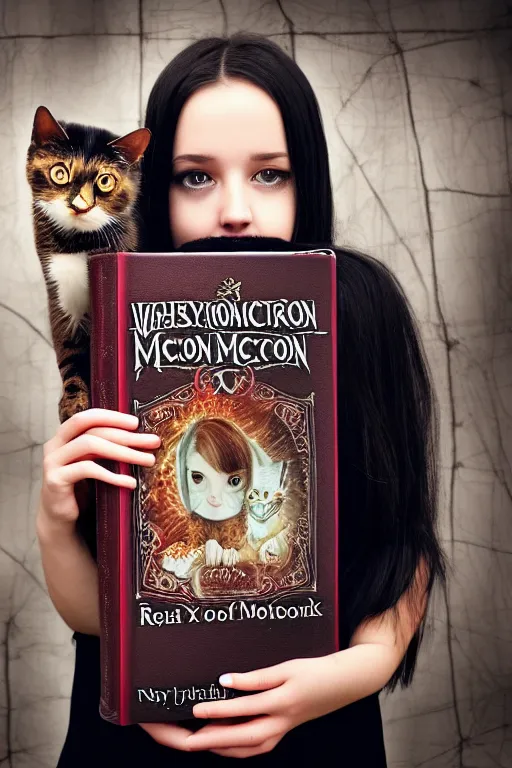 Image similar to photo of very cute and bright girl, her cat and her book of necronomicon, symmetrical, cinematic, real dlsr photography, sharp focus, 4 k, ultra hd, sense of awe, sinister demonic atmosphere, dreadful, horror journal cover