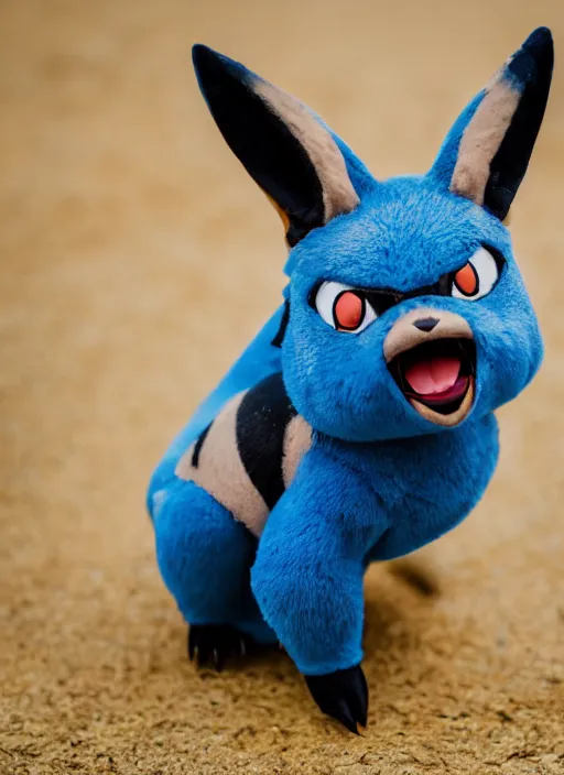 Image similar to portrait photo still of real life pokemon character lucario, 8 k, 8 5 mm f 1. 8
