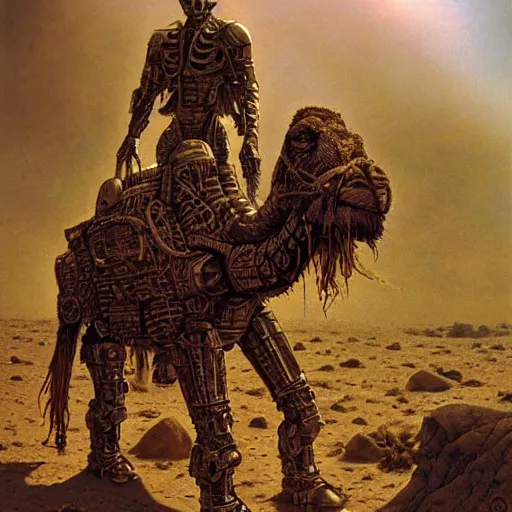 Prompt: cybernetic cyborg warrior, wretched camel, by Ted Nasmith and James C. Christensen