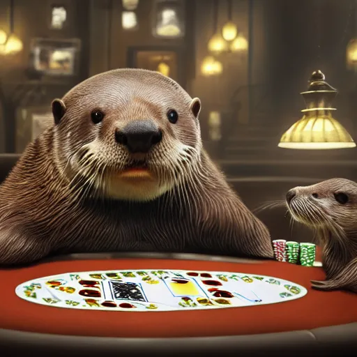 Image similar to otters playing poker, hyper detailed, dramatic lighting, cgsociety, realistic, hyper detailed, insane details, intricate, dramatic lighting, hypermaximalist, golden ratio, rule of thirds, octane render, weta digital, micro details, ultra wide angle, artstation trending, 8 k,