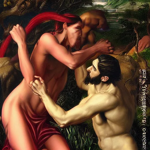 Image similar to Close-up of God being angry in the Garden of Eden. Adam and Eve look very guilty- elegant, highly detailed, centered, Artgerm