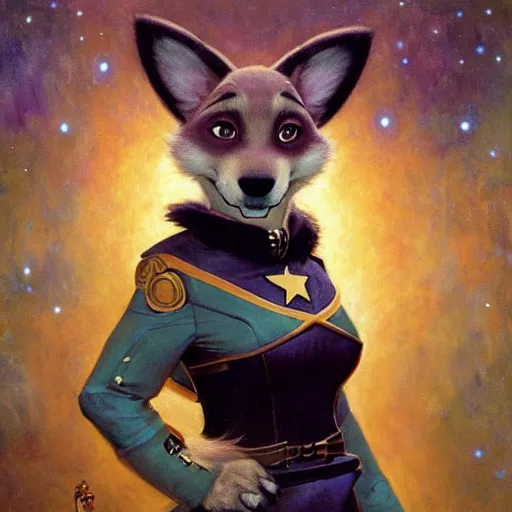 Prompt: a portrait of a female dog dogwoman canine in starfleet uniform at night in a dark forest. zootopia fursona furaffinity furry art detailed face painting by gaston bussiere craig mullins jc leyendecker gustav klimt artgerm greg rutkowski furry