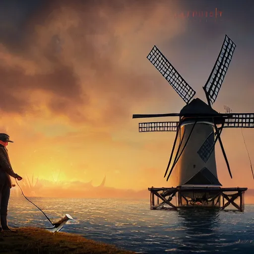 Prompt: dutch man fishing for croissants with a windmill in the background, high detail, elegant, digital painting, cinematic lighting, vibrant, intricate, textured skin, highly detailed, artstation, sharp, focus, hdr, unreal engine 5, breathtaking, illustration, anna dittmann, ilya kuvshinov, nikolay makovsky