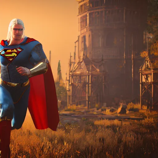 Prompt: Adam Sanders as medieval Superman, Witcher 3 style, unreal engine, cinematic, game, screen capture, hyper realistic, details, ray tracting, rtx, 4k