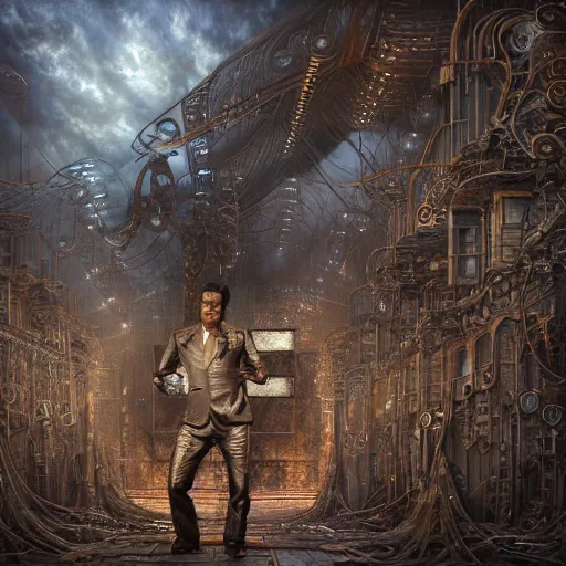 Prompt: A photorealistic 3d render of a robot Simon Cowell made of circuits wide view shot by ellen jewett , tomasz alen kopera and Justin Gerard symmetrical features, ominous, magical realism, texture, intricate, ornate, royally decorated, android format, windows, many doors, roofs, complete house , whirling smoke, embers, red adornments, red torn fabric, radiant colors, fantasy, trending on artstation, volumetric lighting, micro details, 3d sculpture, ray tracing, 8k