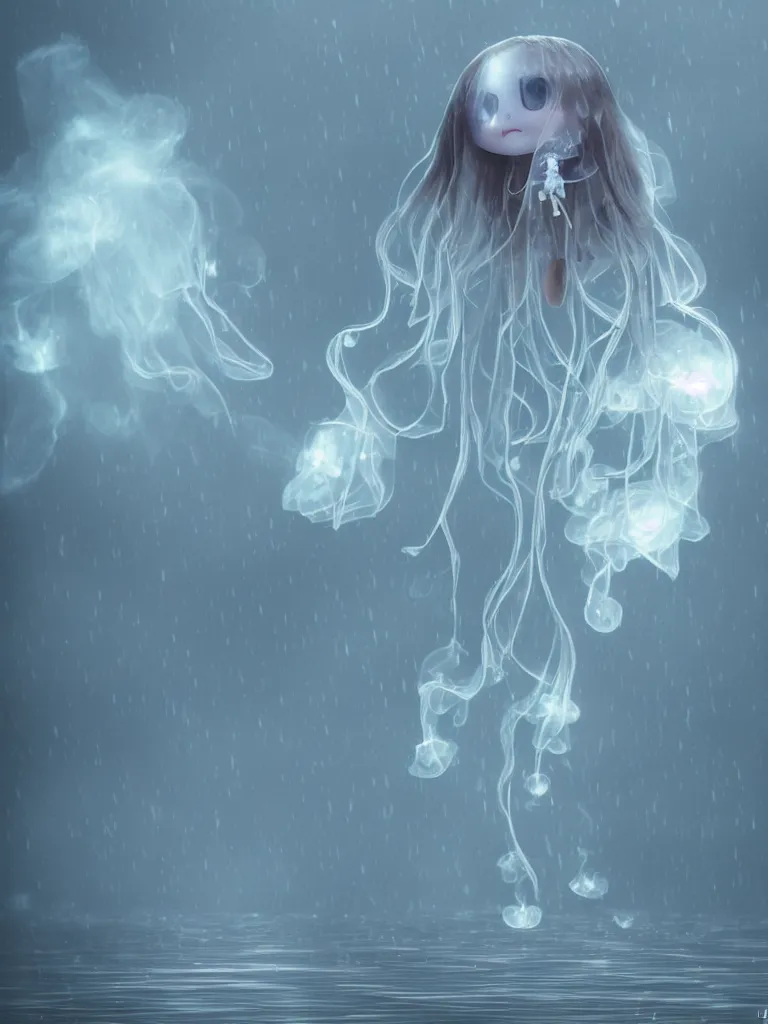 Prompt: cute fumo plush beautiful chibi ectoplasmic gothic skeletal jellyfish ghost girl, glowing milky wisps of hazy smoke and volumetric fog on a heavy rainstormy reflective river in the falling rain, lens flare, subsurface scattering, vignette, asymmetry, bokeh, refraction, vray