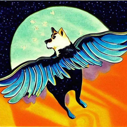 Image similar to corgi with [ angelic wings ]!!, [ flying like a superhero ]!! in the [ night sky ]!! where the stars are visibly perceptible, [ illustration via an abstract artist ]!!