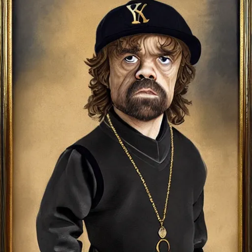 Prompt: Tyrion Lannister wearing a black baseball cap with a gold necklace that spells LEONIE, looking hiphop style painting