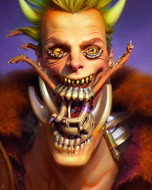 Image similar to junkrat from overwatch, fantasy, fantasy art, fantasy, colorful, elegant, character portrait, portrait, close up, highly detailed, intricate detail, amazing detail, sharp focus, vintage fantasy art, vintage sci - fi art, radiant light, caustics, by boris vallejo