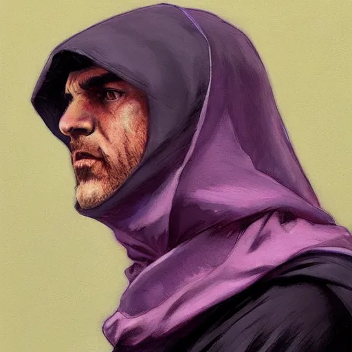 Image similar to ultra realistic illustration, man in a black hood, in a striped purple balaclava, mysterious, highly detailed, digital painting, artstation, concept art, smooth, sharp focus, illustration, art by artgerm and greg rutkowski and alphonse mucha