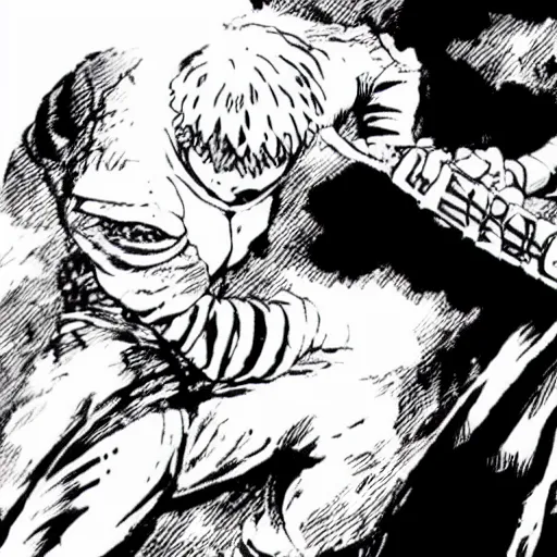 Prompt: guts killing griffith in berserk manga, black and white