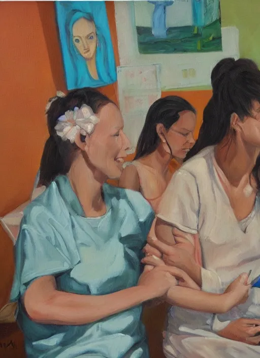 Image similar to oil painting of women getting vaccinated, high details, art by axion