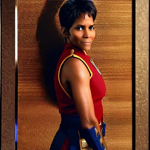 Prompt: a beautiful full body photograph of halle berry as a star fleet admiral from star trek next generation, full dress uniform, symmetrical face, extreme realism and detail, 8 k, completely framed, direct lighting, 3 5 mm photo, photorealistic, sharp focus