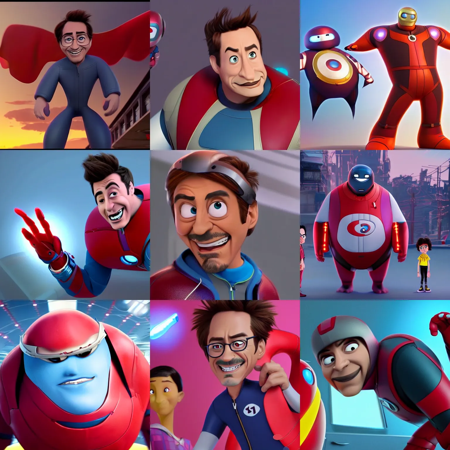 Prompt: Robert Downey Jr stylized caricature in Big Hero 6 (2014), animated cinematography 3D CGI movie