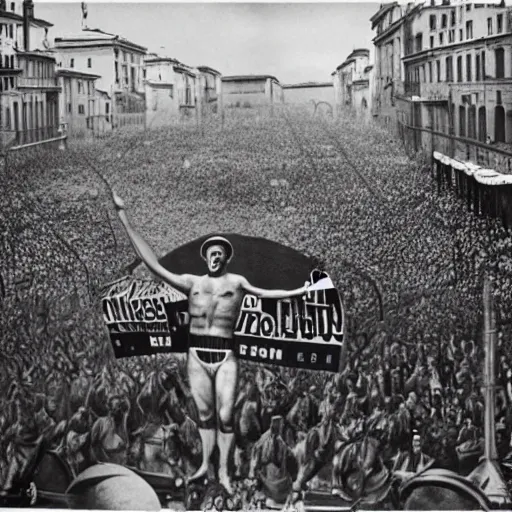Image similar to Mussolini at the gay pride, photograph, hyper detailed, award winning photograph, 8k