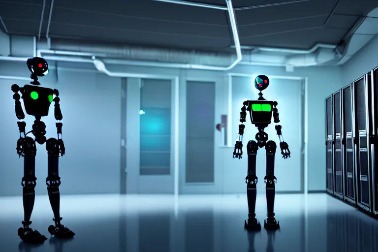 Image similar to full body robot with human mask, background is data server room, neon and dark, illumination ray tracing hdr render in unreal engine 5