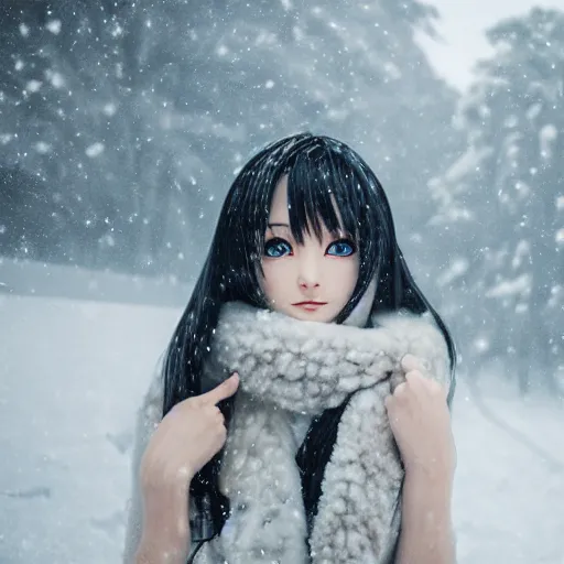 Image similar to an anime girl with white long hair in a snowy tundra, finely detailed, snow, beautiful, foggy,