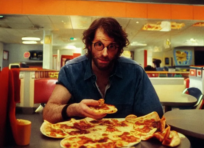 Prompt: portrait of charlie kaufman eating pizza at chuck - e - cheese with sloppy cheesy sauce getting slopped up all over the place, dramatic lighting, moody film still from being john malkovich ( 2 0 0 1 ), 3 5 mm kodak color stock, 2 4 mm lens, directed by spike jonze, ecktochrome