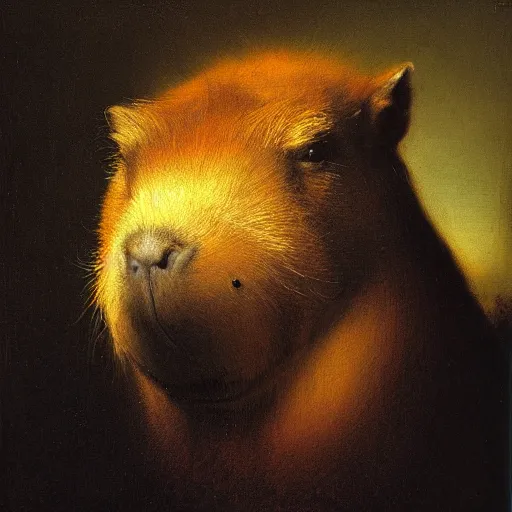 Prompt: Rembrandt portrait painting of a capybara