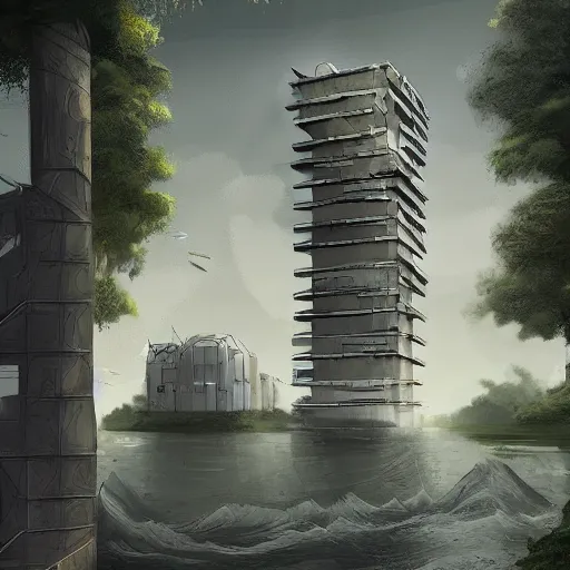 Image similar to cuboid sci-fi building next to a river and houses, sense of hope, daytime, digital art, art station, extremely detailed