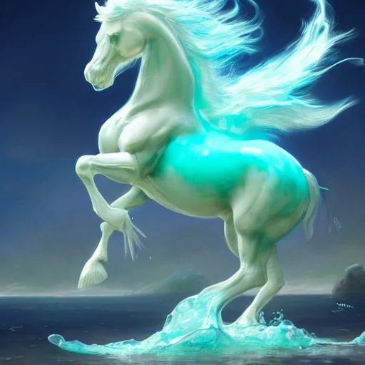 Image similar to a fantastical transparent small turquoise spirit horse made of water and foam and algae, splashing water, wave, translucent, ethereal, noble, radiant, hyperalism, scottish folklore, digital painting, artstation, concept art, smooth, 8 k frostbite 3 engine, ultra detailed, art by artgerm and greg rutkowski and magali villeneuve