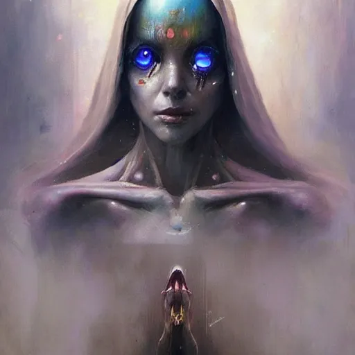 Prompt: an acrylic on canvas portrait painting of a beautiful alien priestess by Greg Rutkowski, Artgerm and Beksinski. Epic fantasy art.