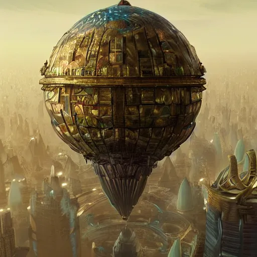 Image similar to enormous flying city in a gigantic faberge egg, sky, steampunk, flying islands, fantasy art, unreal engine,