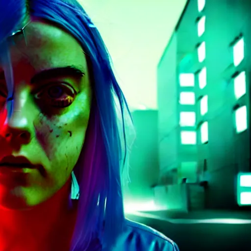 Image similar to billie elish in a cyberpunk street, movie still, photorealistic, photography, cine still, 8 k, imax picture, dramatic lighting, volumetric lighting, shallow depth of field