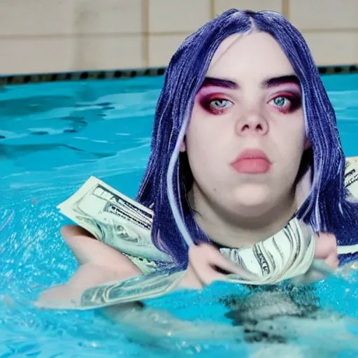 Image similar to billie eilish swimming in a pool full of dollars