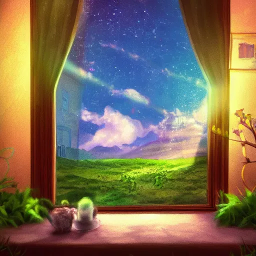 Prompt: heaven view from the interior of my cozy house from a cozy window frame fantasy pixiv scenery art inspired by magical fantasy